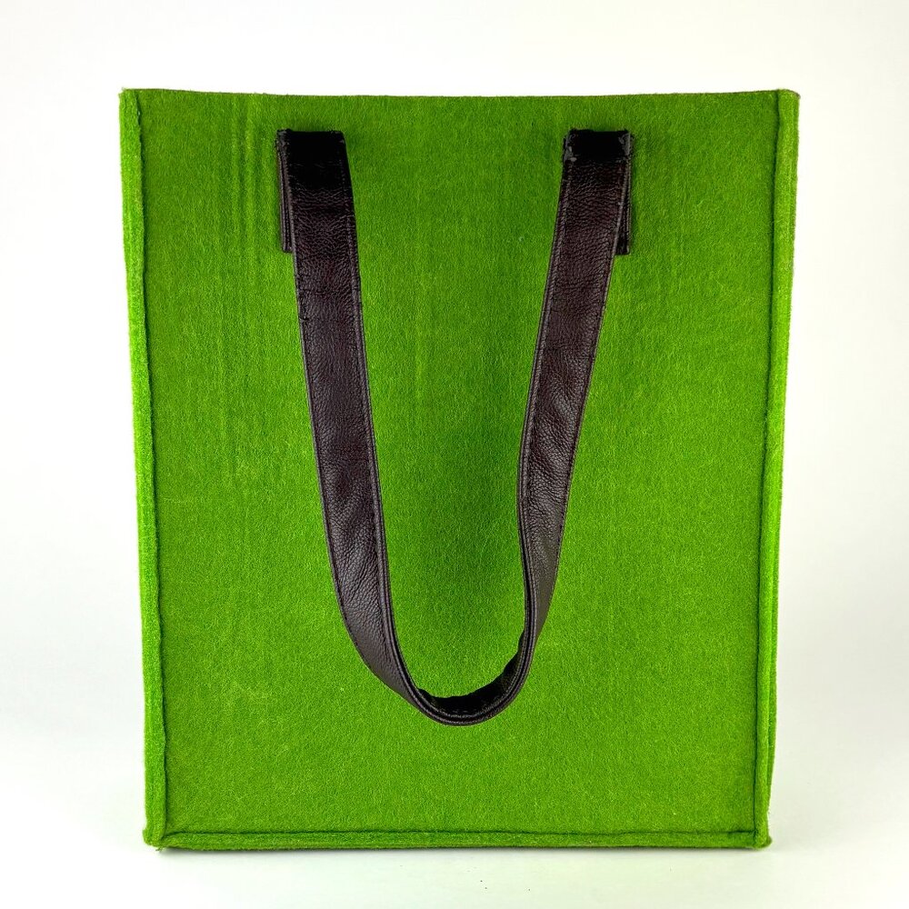 Vibrant Green Felt Tote Bag with Black Faux Leather Handles Like New